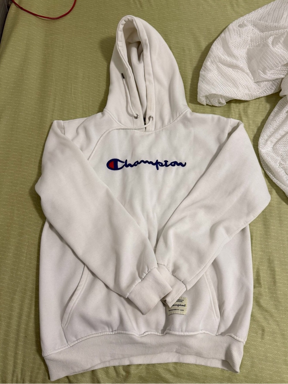 Champion White Hoodie with Blue & Red Script Logo